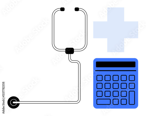 Stethoscope alongside a calculator under a medical cross highlights healthcare expense, financial planning, and cost evaluation. Ideal for finance, medicine, calculation, insurance, data, planning