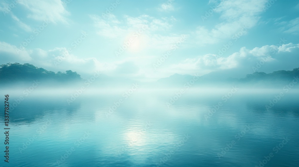 Obraz premium Serene landscape of a calm lake shrouded in morning mist, reflecting a soft sunlight. Lush green trees line the shore, creating a tranquil atmosphere.
