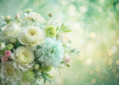 Pastel Floral Bouquet, Abstract Blurred Green White Flowers, Romantic Botanical Grunge Background