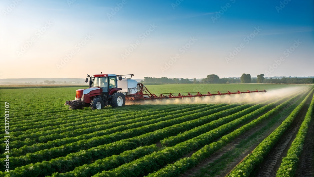 Obraz premium armer working on a tractor in the field,ractor plowing a green field under a sunny sky,Spraying pesticides at soy bean fields,A modern agricultural scene featuring a red and white tractor spraying pic