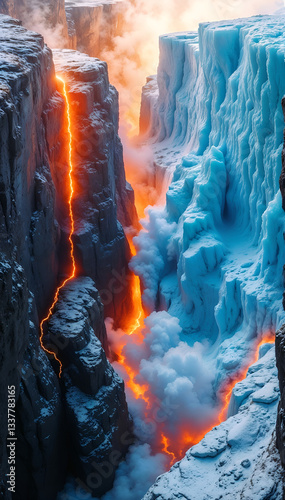 Stunning contrast of molten lava and ice in deep canyon revealing dramatic volcanic activity
