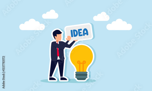 A businessman holds a board that says IDEA beside a lamp, illustration of a campaign to think creatively in generating business ideas and innovations