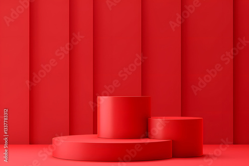 The red background and red cubes create a bold and vibrant atmosphere. The cubes are arranged in a row, with the tallest one in the middle and the shortest one on the right

