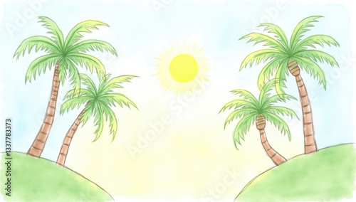 Bright Summer Landscape with Palm Trees and Glowing Sun