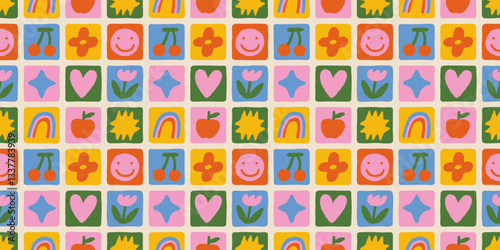 Fun colorful geometric shape seamless pattern. Abstract retro children style art background for kids, trendy design with geometry mosaic shapes. Simple childish patchwork wallpaper texture.