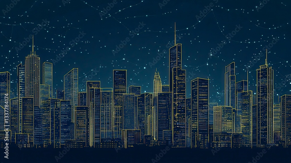 Fototapeta premium Golden Skyline Cityscape at Night with Starry Sky