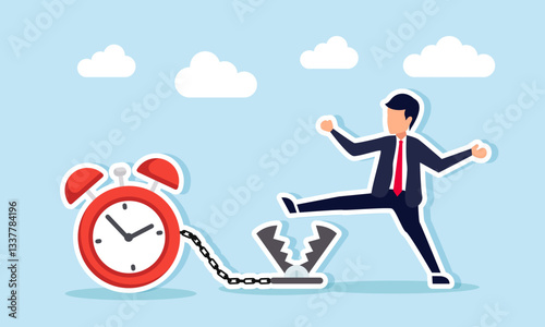 A businessman avoids a trap tied with chains to an alarm clock, illustration of escaping business deadlines