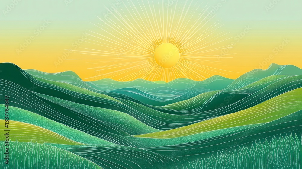Obraz premium Serene Sunrise Over Rolling Green Hills A Peaceful Landscape Illustration