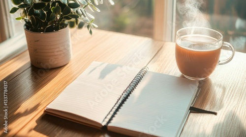 A notebook with handwritten affirmations and a cup of tea
