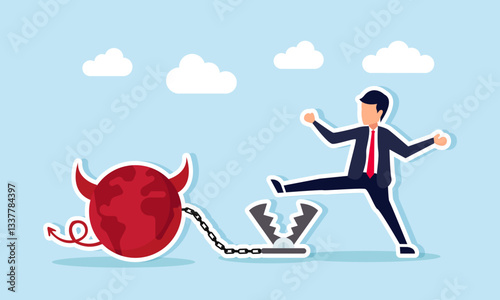 A businessman avoids a trap tied with chains to a globe shaped like a devil, illustration of escaping the influence of illegal business like corruption