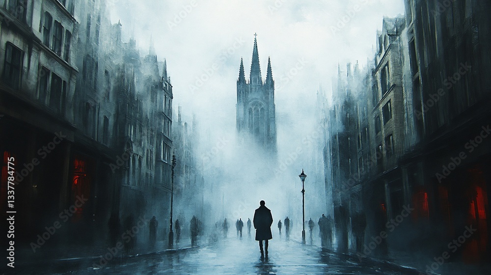 Obraz premium Foggy City Street, Mysterious Figure