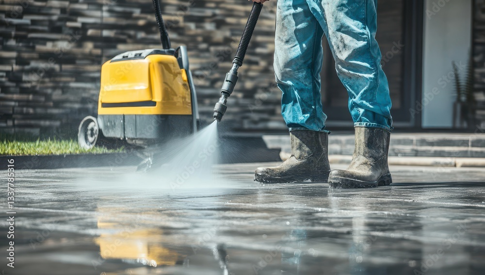 Fototapeta premium Worker using a pressure washer to clean outdoor stone tiles.