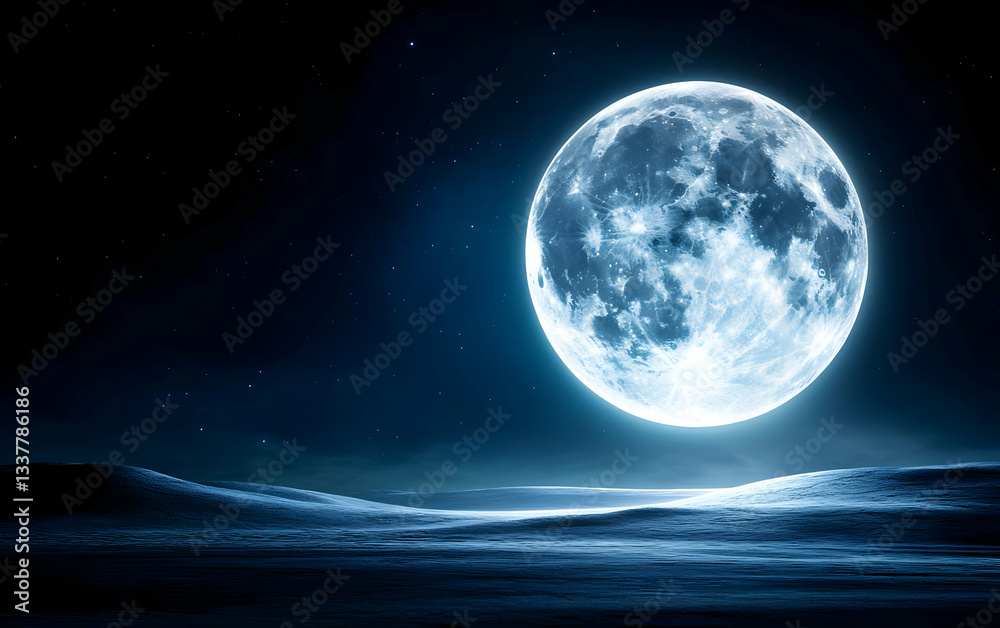 Obraz premium A stunning full moon illuminates the night sky, casting a serene glow over the tranquil landscape below.