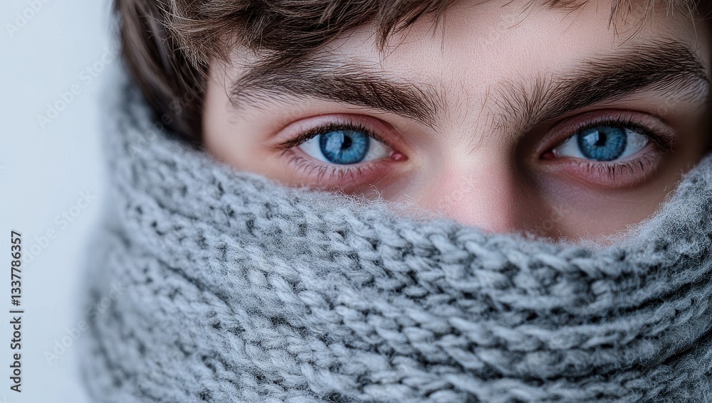 Close-up of a person with blue eyes wrapped in a cozy gray scarf. Close-up of a person with blue eyes wrapped in a cozy gray scarf.