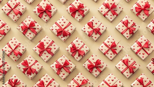 Pastel Valentine's Day Gift Box Pattern: Red Ribbon & Heart Bow Wrapping Paper Design