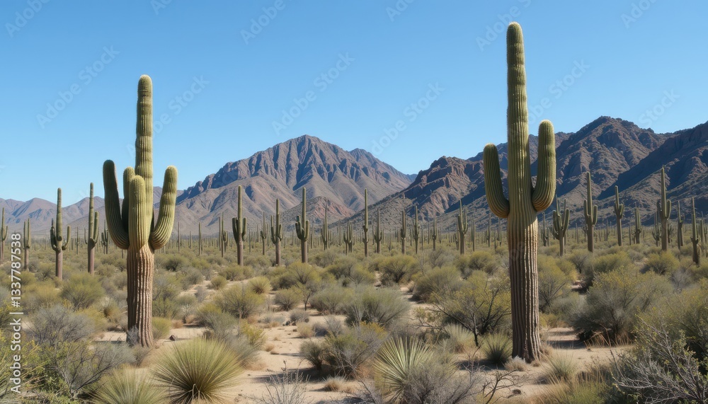 Vast Desert Landscape with Tall Cactus and Mountain Background Vast Desert Landscape with Tall Cactus and Mountain Background