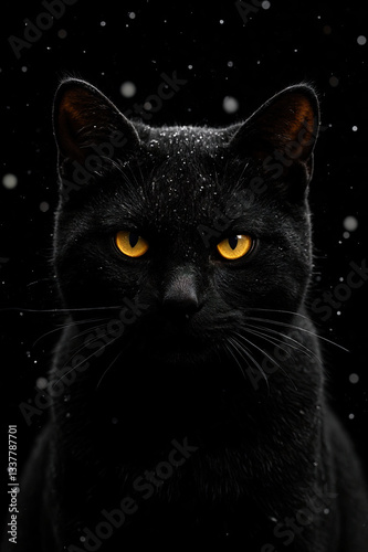 Create a side profile high definition portrait photo of a black cat with bright yellow eyes and snowflakes covering the cats body. The background is completely black, dotted with tiny white stars like