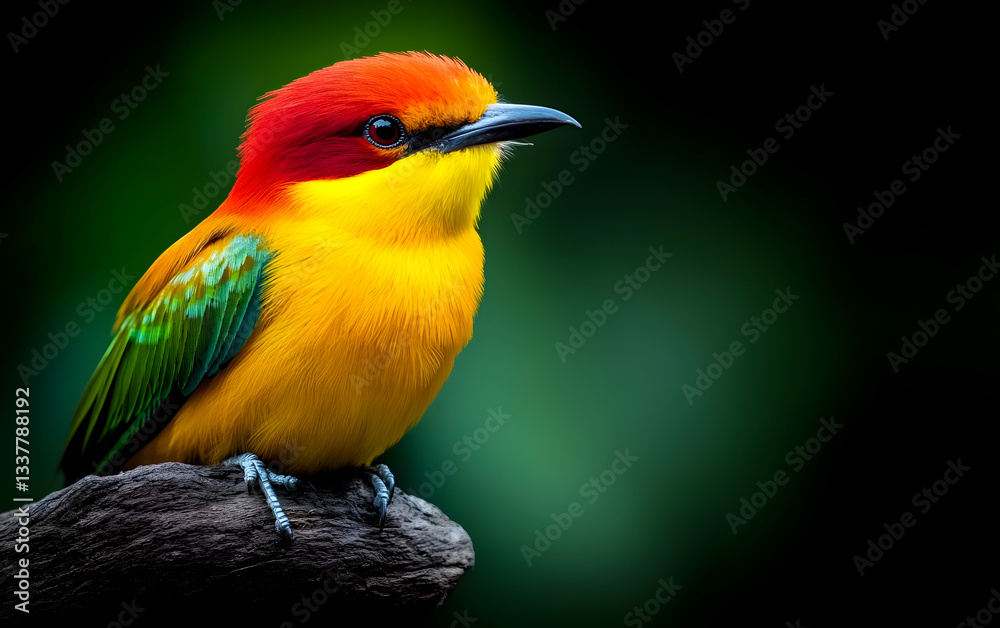 Obraz premium A vibrant bird with a red crown, yellow body, and green wings perched elegantly, showcasing nature's colorful beauty.
