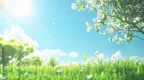 Bright Sunny Spring Landscape with Lush Green Grass and Flowers