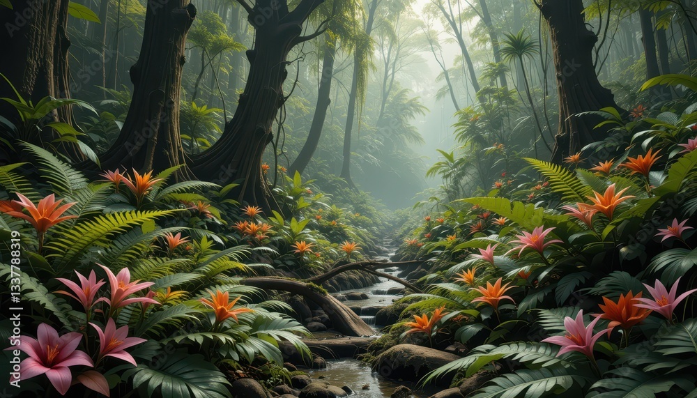 Fototapeta premium Lush Tropical Rainforest with Vibrant Flowers and Serene Stream