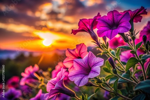 Petunia Flower Silhouette at Sunset - Dramatic Backlit Botanical Photography