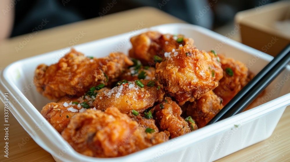 Crispy fried chicken pieces in a takeout container Crispy fried chicken pieces in a takeout container