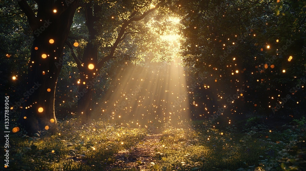Enchanted Woodland Scene with Flickering Fireflies at Dusk Enchanted Woodland Scene with Flickering Fireflies at Dusk