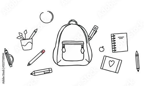 stylish backpack surrounded by school supplies like pencils, notebook, and plant, perfect for back to school vibes. This illustration captures excitement of learning and creativity