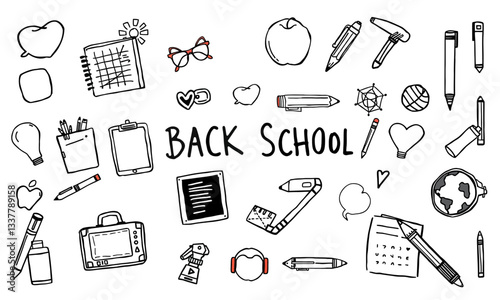 Back to school themed illustration featuring various school supplies and symbols like pencils, notebooks, and globes, evoking sense of excitement and readiness for learning