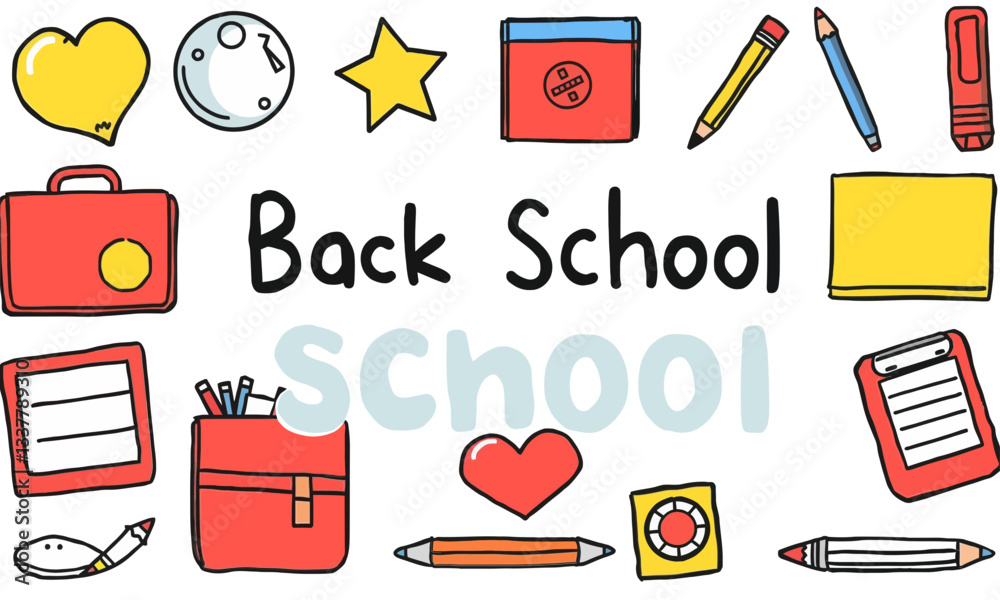 Back to school supplies, colorful stationery, and cheerful icons create vibrant atmosphere for learning. Perfect for educational themes and school related projects