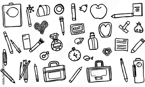 Back to school supplies including pens, pencils, notebooks, apples, and briefcase create vibrant and organized study environment. Perfect for students and educators alike