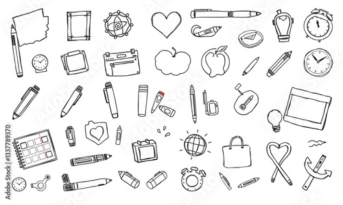 Back to school supplies, including pens, pencils, notebooks, clocks, and various stationery items, create vibrant and organized atmosphere for learning