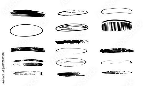 Hand drawn highlight strokes and ellipses various styles and thicknesses, perfect for graphic design projects, illustrations, and creative expressions. These versatile elements add unique touch to
