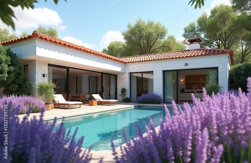 Modern villa with swimming pool, beautiful garden full of blooming lavender. Summer nature scene with architecture, luxury design, real estate property, landscape, cozy outdoor living lifestyle.