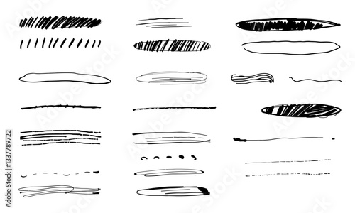 Hand drawn strokes and ellipses in various styles, showcasing range of textures and patterns. These artistic elements can enhance designs and add creative touch to projects
