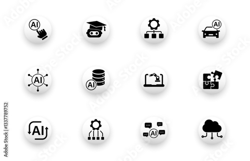 Set of solid vector icons with AI applications, chatbot, technology, Ai education support icons.