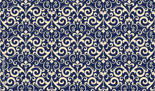 Wallpaper in the style of Baroque. Golden and dark blue floral ornament. Seamless vector background. Graphic pattern for fabric, wallpaper, packaging. Ornate Damask flower illustration