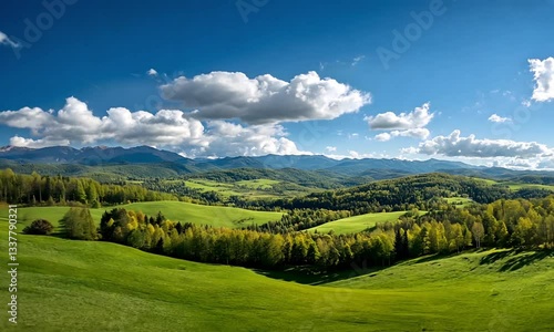 Aerial view of open green fields blending into dramatic rolling hills