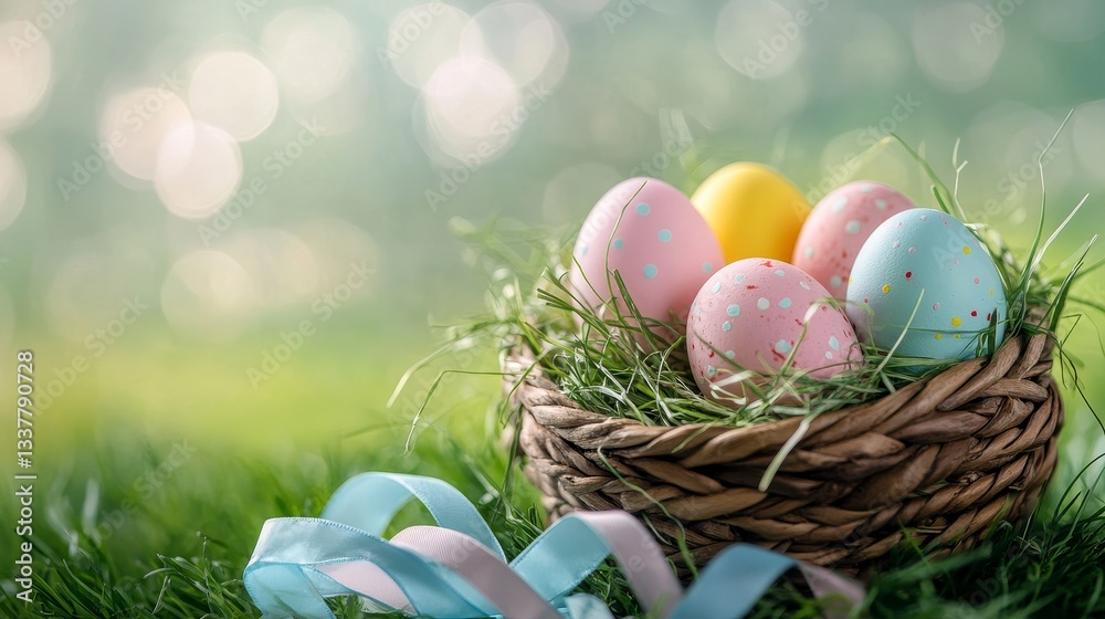 Colorful Easter eggs in a woven basket with fresh grass and a pastel-colored ribbon, symbolizing renewal and celebration of life. Colorful Easter eggs in a woven basket with fresh grass and a pastel-colored ribbon, symbolizing renewal and celebration of life.