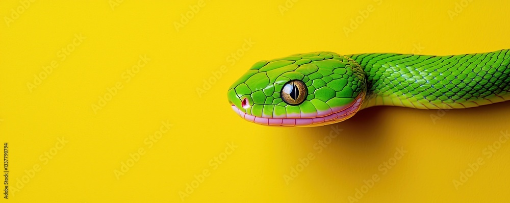 Fototapeta premium Pet Insurance Accident Concepts. Vibrant green snake against a bright yellow background.
