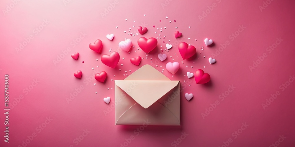 Pink Valentine's Day Background with Floating Hearts and Love Letter Envelope Pink Valentine's Day Background with Floating Hearts and Love Letter Envelope