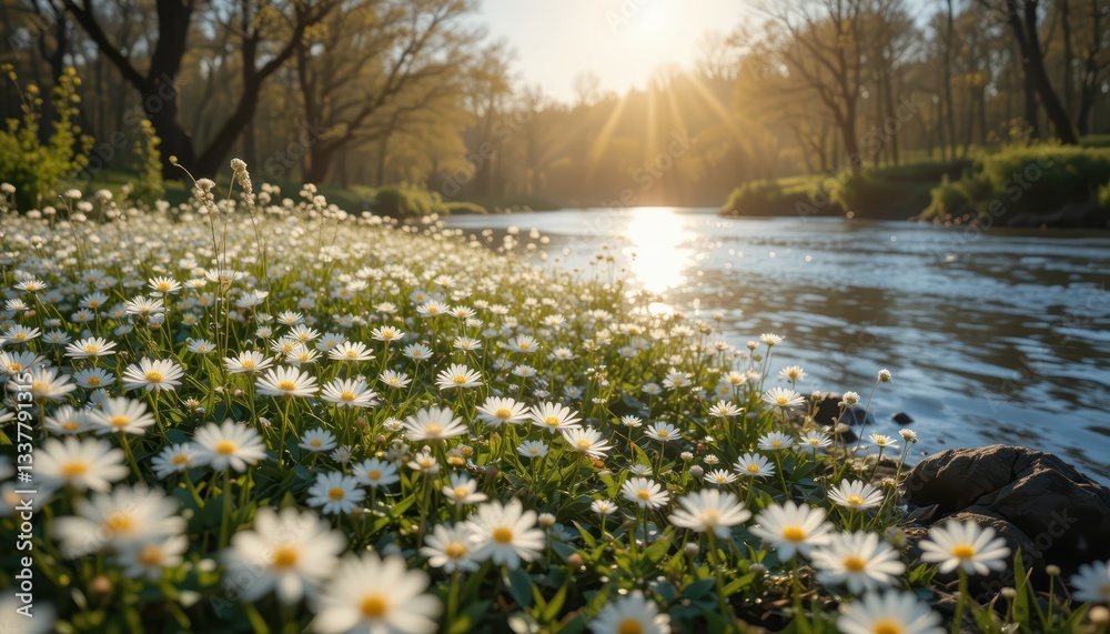 Fototapeta premium Serene Nature Scene with White Flowers by Tranquil Riverbank