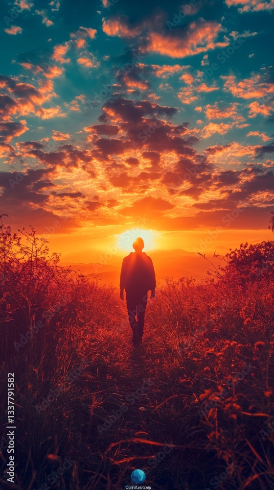 Fototapeta premium Silhouette of a person walking towards a vibrant sunset over a scenic landscape