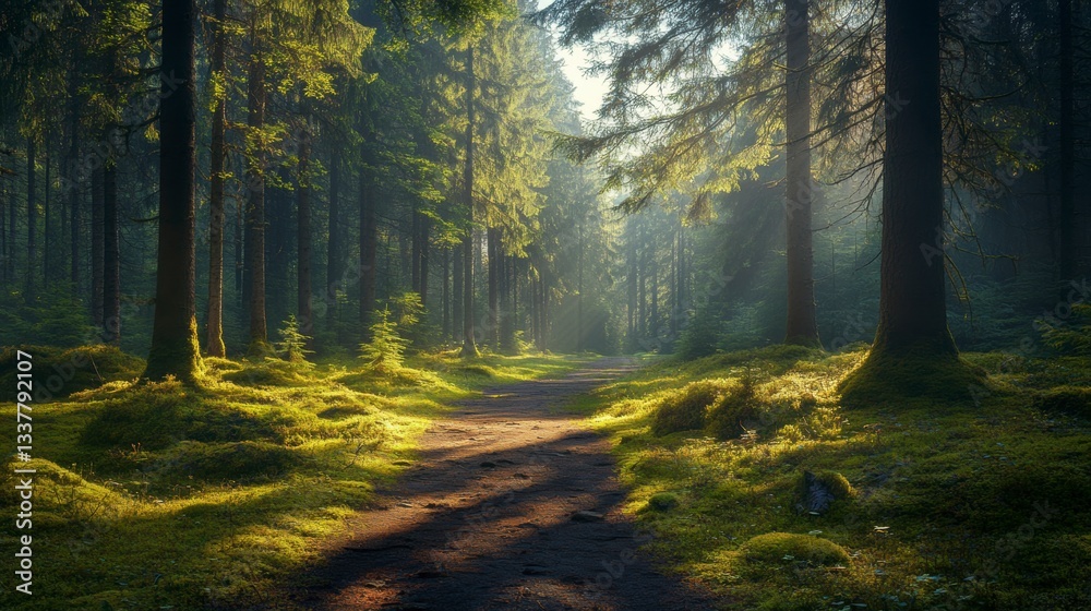 Fototapeta premium Sunlit path through a misty green forest. Sunlight streams through the trees, illuminating a mossy path.