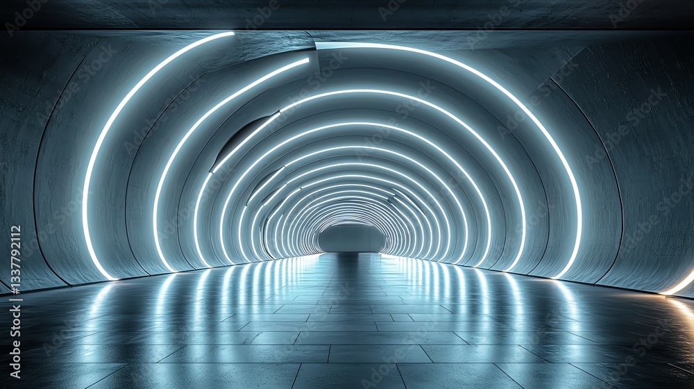 Fototapeta premium Illuminated Tunnel with Reflective Floor and Futuristic Design Concept