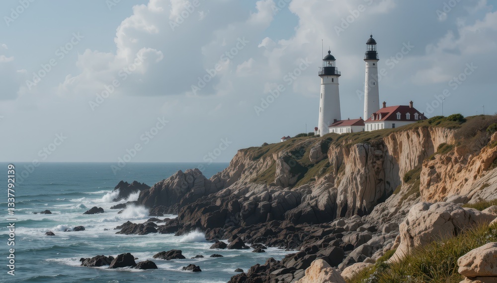 Majestic Lighthouse on Rocky Coastline Beside Turquoise Waters Majestic Lighthouse on Rocky Coastline Beside Turquoise Waters