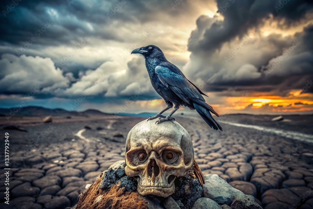 Fototapeta premium Post-Apocalyptic Raven on Skull: Charred Remains, Survival, Destruction