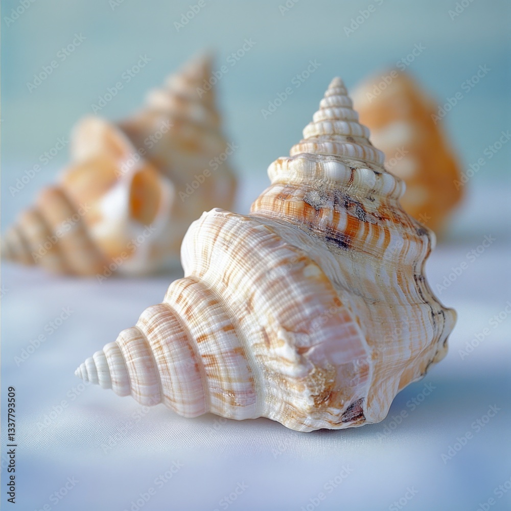 Three spiral seashells on a white textured background, soft light, shallow depth of field. Three spiral seashells on a white textured background, soft light, shallow depth of field.