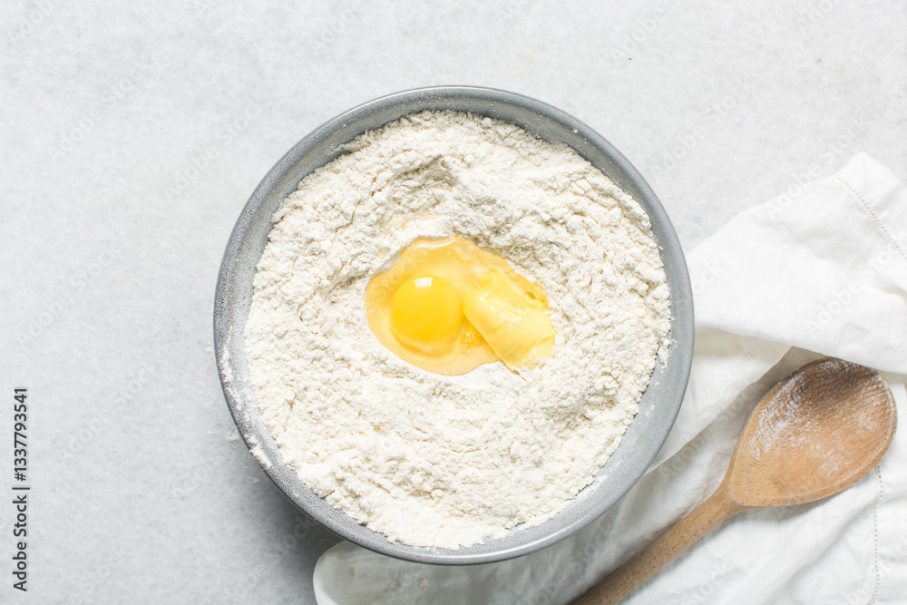 Overhead view of doughnut dough being mixed in a grey mixing bowl, top view of doughnut dough on a white countertop, process of making doughnut Overhead view of doughnut dough being mixed in a grey mixing bowl, top view of doughnut dough on a white countertop, process of making doughnut