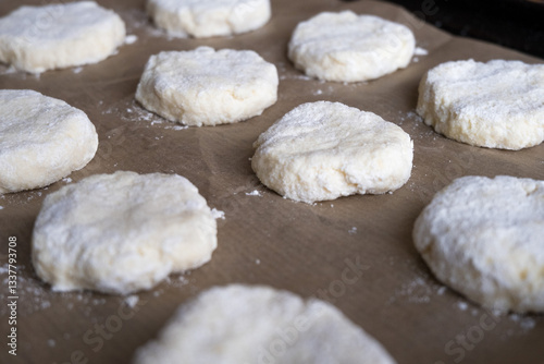 Made lumps from dough for baking cookies. Culinary background, banner, poster.